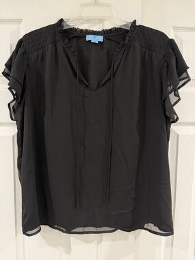 CeCe Chiffon Ruffle Sleeve Top - Black